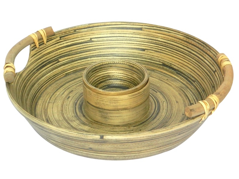 Handcrafted Bamboo Dip and Chip Tray with Rattan Handles - Eco-friendly Serving Ware